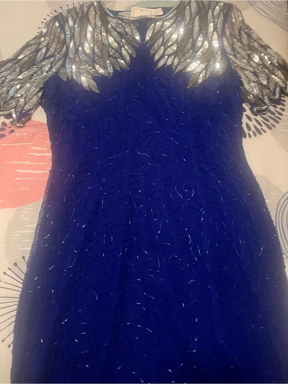 Embellished Royal Blue Evening Dress with Silver Leaf Detail